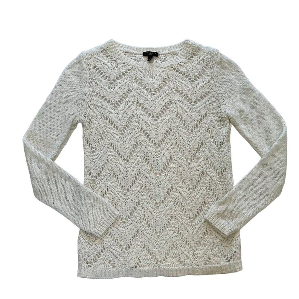 Talbots White Long Sleeve Crew Neck Chevron Open Knit Sweater, Minimalist, XSP